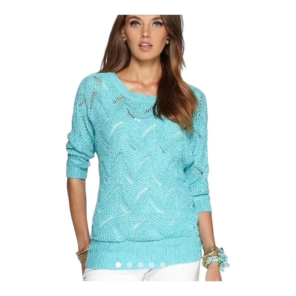 LILLY PULITZER Larissa Turquoise Wavy Open Ribbon Knit Dolman Tunic Sweater XS/S